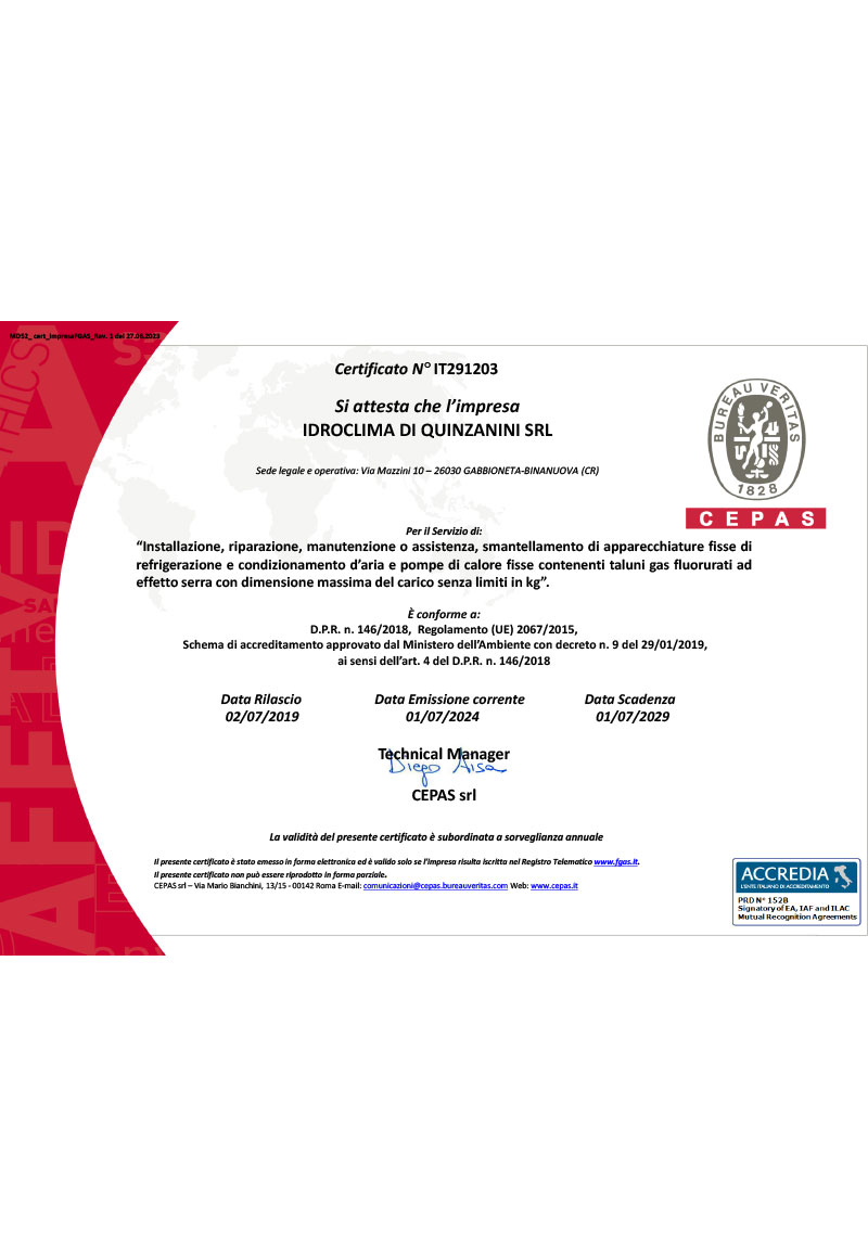 PATENTINO E CERTIFICAZIONE F-GAS